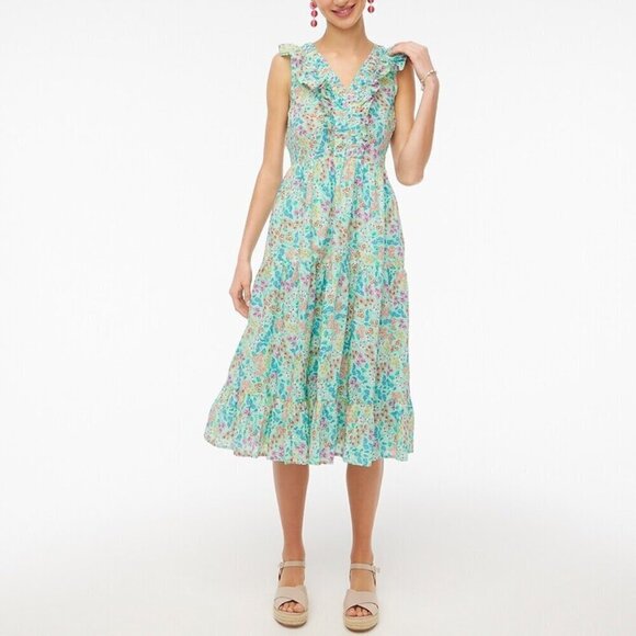 💕J. CREW💕 Printed V-Neck Smocked Midi Dress ~ Fresh Spearmint Floral Print 8 - Picture 2 of 16